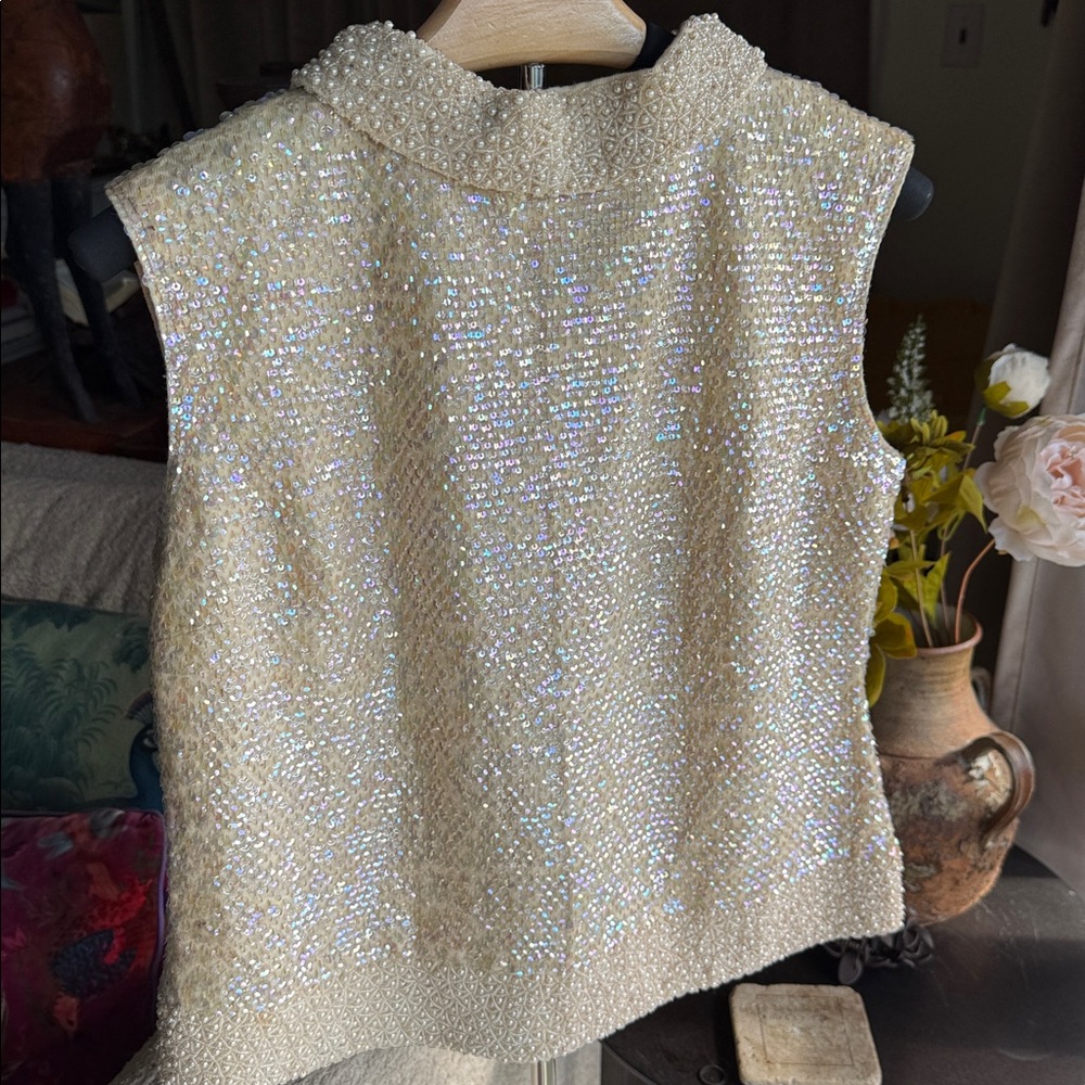 Neiman Marcus, by Cyn Les Vintage 1960's  Sequin Faux Pearl Zipper Sweater Vest